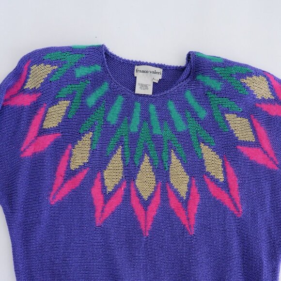 Vintage Franco Valeri Purple Knit Floral Abstract Shoulder Pad Scoop Sweater Xl - Picture 9 of 13